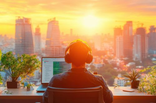Foto: Mann mit Laptop und Skyline